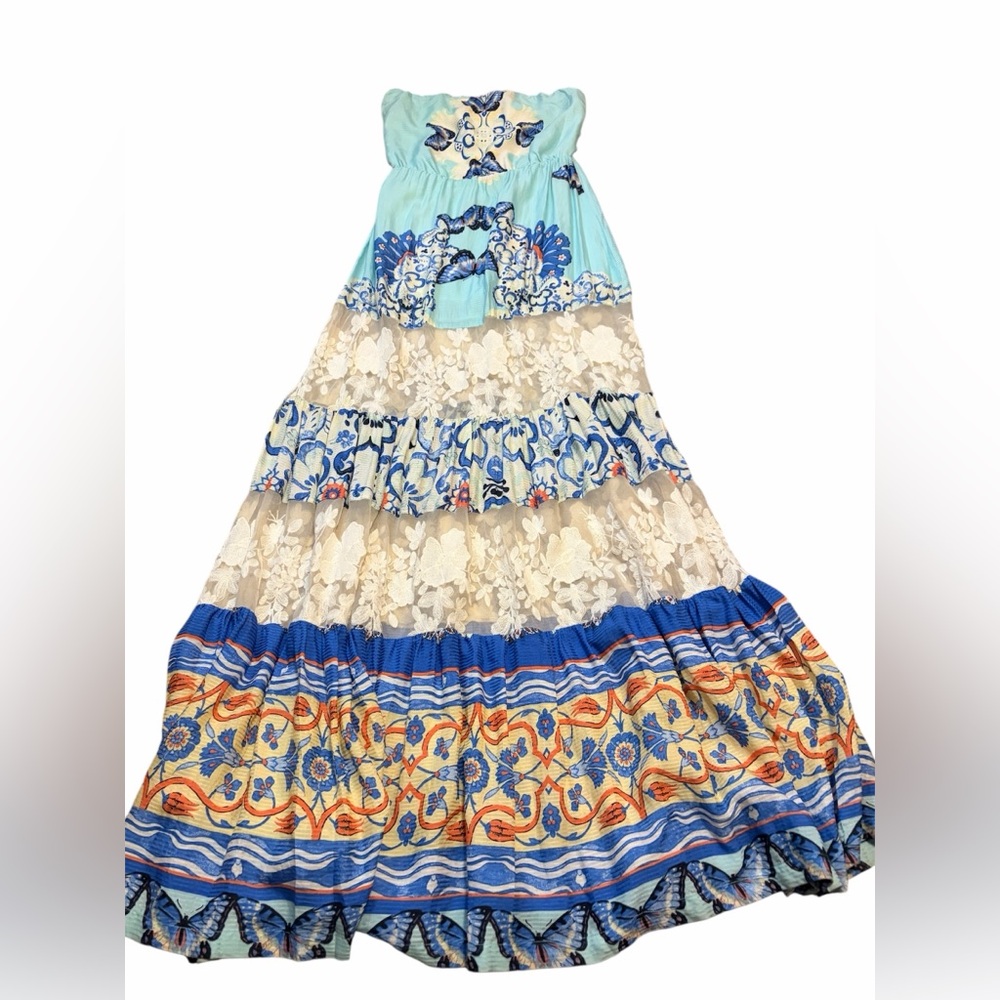 FARM Rio Blue Butterfly Lace Patchwork Strapless Maxi Dress Small